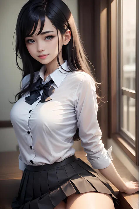 8K, Raw photo, Best Quality, masutepiece: 1.2), (Realistic, Photorealsitic: 1.37), Ultra-detailed, 1 schoolgirl, Beautiful, Solo, Beautiful detailed sky, Detailed Coffee, Night, Sitting, (Flushed nose), (Smile: 1.1), Long black hair　medium breasts, Beautif...