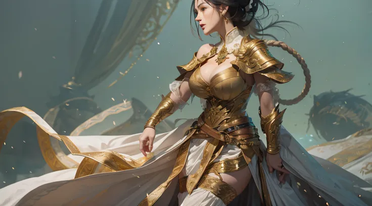 A sword-wielding woman dressed in gold gauze was sitting upright on the back of the white horse，Her soft black hair is neatly coiled by a gold-handled hairpin，Only a few strands of gold silk are left on the sideburns，Skin like snow，gigantic cleavage breast...