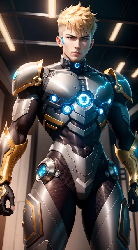 a half body of a person in cyborg mode, 1boy, anime character, undercut hair, Genos Combat mode, Genos from one punch man, shining eyes, epic batlle pose, dinamic lighting, The body emits electric sparks, electrical particle, battlefield smoke electrical f...