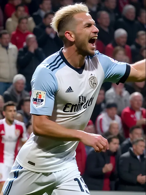 Homem Soccer Player Celebrating the goal, ugly man, platinum hair, photo taken at the game on the field, in ajax