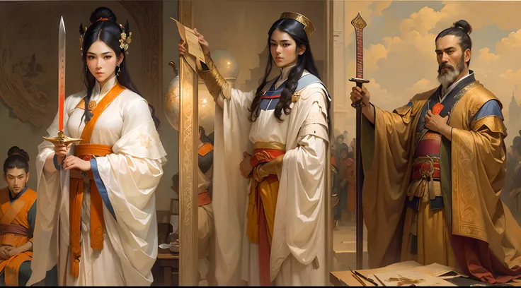 Classical art portrait painting，The heroic Qin Shi Huang,Draw your sword and stand，perfect faces， (academic art:1.4), Eugene de Blass, John William Goldward, Bouguereau