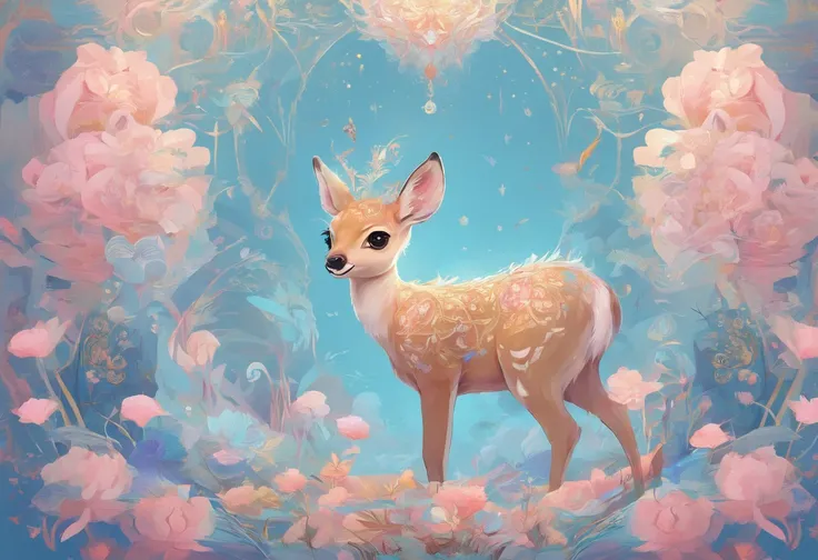 Masterpiece, best quality, 8k, high detail, hyper-detail, a cute fawn, light blue with holographic ornate designs, light pink and gold tetradic colors, approaching perfection