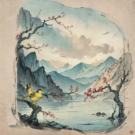 (picture quality is high+1.5)Sting，Light rain，yellow bird，Falls on a branch，Aqua，k hd，The proportion of scenery and yellow birds is relatively small，Chinese landscape，Traditional Chinese watercolor，Traditional Chinese painting，China ink painting，peaceful s...