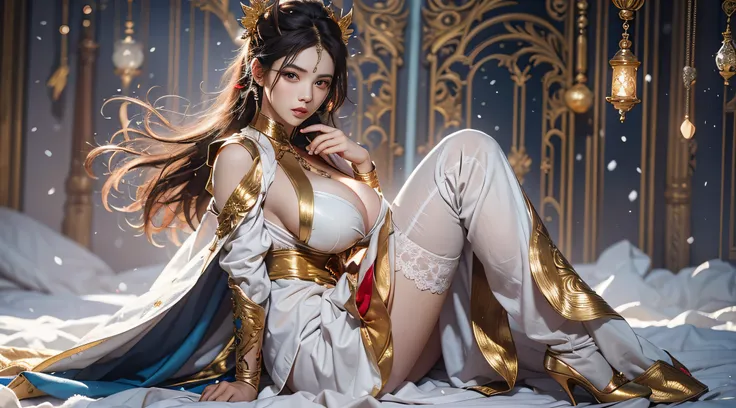 A sword-wielding woman dressed in gold gauze was sitting upright on the back of the white horse，Her soft black hair is neatly coiled by a gold-handled hairpin，Only a few strands of gold silk are left on the sideburns，Skin like snow，gigantic cleavage breast...