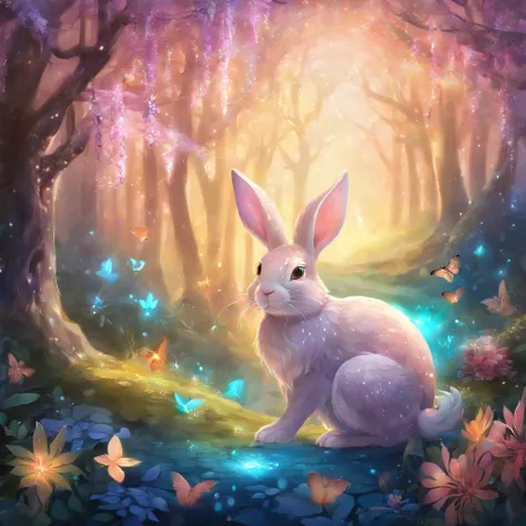 qualidade superior, obra prima, ultra-detalhada, Foto RAW, (fotorrealista:1.4),
In the heart of the enchanted forest, an extraordinary being emerges from the vegetation, the Crystal Rabbit. Its fur is translucent, as if made of liquid crystal, and glows wi...