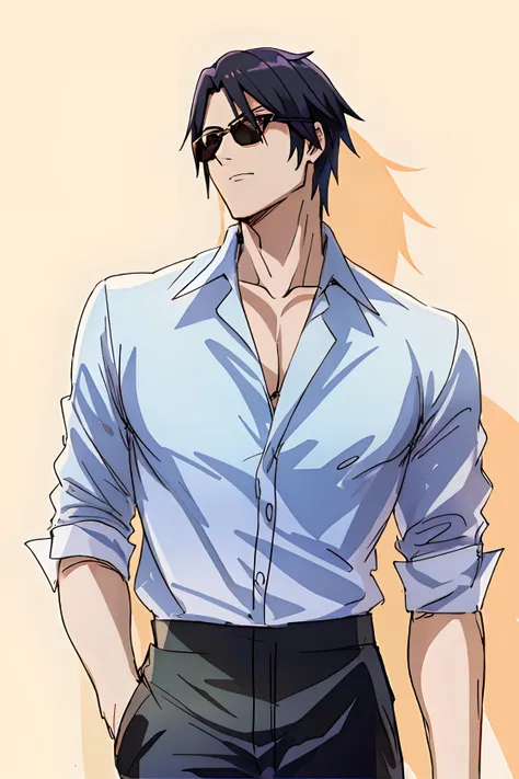 a drawing of a man in a shirt and sunglasses, cabelo preto, homem bonito anime, cara de anime alto com olhos pretos, pose de ani...