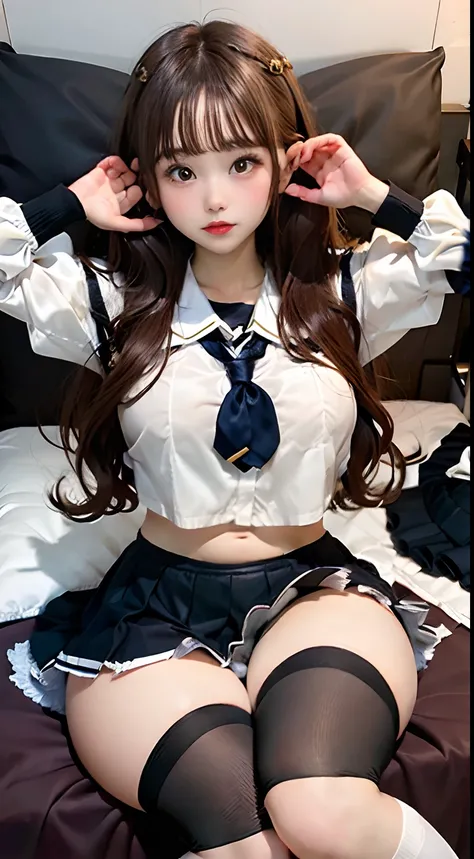 2 school girls sleeping on the bed wearing high school uniforms and mini skirts, brown hair, big breasts, full body, real sexy