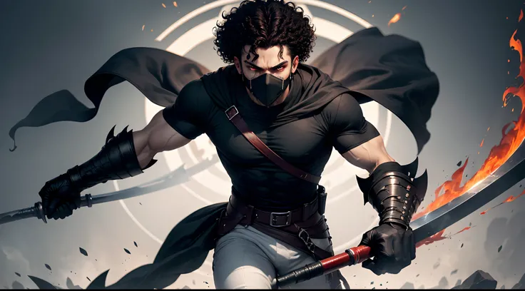 curly haired, strong, male, black eyes, black t-shirt, white trouser, tall, buffed, holding Scythe, holding dagger, black mask with red eyes and crying, mad, assassin robe, 4k, HD, Best quality, ultra-detailed.