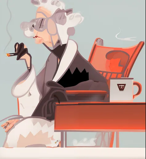 cartoon of a woman smoking a cigarette while sitting in a chair, old lady, grandma, smoking, harry volk clip art style, smoking woman, stylized digital illustration, elegant lady, older woman, an old lady, by senior artist, by Hugh Hughes, smokes, old woma...