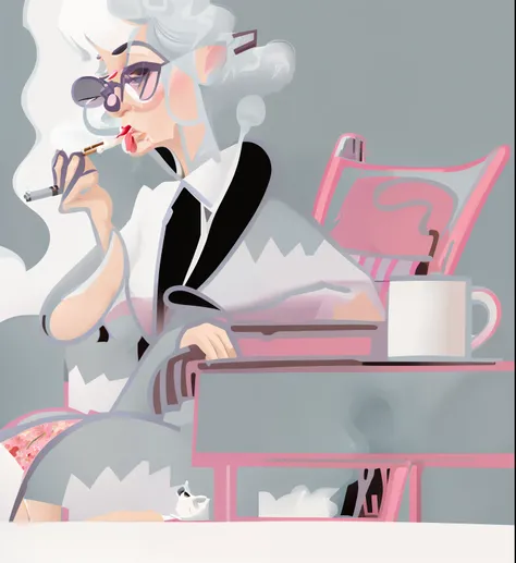 cartoon of a woman smoking a cigarette while sitting in a chair, old lady, grandma, smoking, harry volk clip art style, smoking woman, stylized digital illustration, elegant lady, older woman, an old lady, by senior artist, by Hugh Hughes, smokes, old woma...