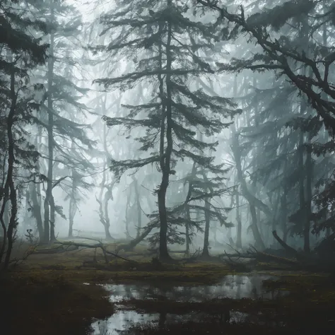 Gloomy Forest, Dead trees, Old grass, windfall, Fallen trees, wet puddles, dew, dry branches, gloom, mist, rays of sunshine, hiquality, higly detailed, cracked bark, Rotten Hollow, impenetrable thickets