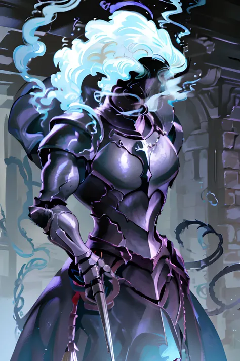 1boy, solo, super fine illustration, an extremely delicate and beautiful, best quality, black armor, western armor, headless, blue smoke, masterpiece, male face, floating head, Dullahan, no other elements in the background, upper body only, no weapons, fam...