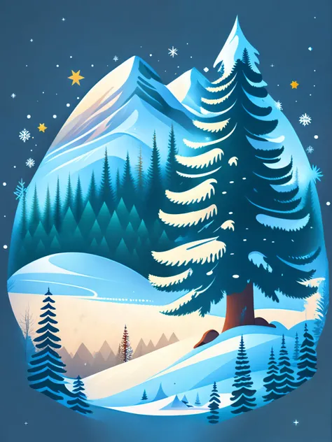 a spruce in a winter landscape, tshirt design, rzminjourney, vector art