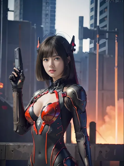 （Fight against mechanical robot soldiers）、top-quality、​masterpiece、超A high resolution、(With a futuristic machine gun、holding knive),（Wearing a futuristic hat）、(Photorealsitic:1.4)、Raw photo、女の子1人、Black hair、glowy skin、((1 Mechanical Girl))、((super realisti...