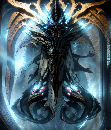 a drawing of a creature with a long tail and a large head, arte infestada de warframe, symmetric concept art, arte conceitual demon soul, Arte conceitual escura de alto contraste, arte do personagem da criatura conceitual, arte conceitual warframe, fanart ...