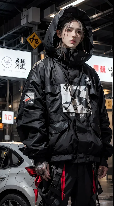 (品质最佳, 巨作)OriginalPhotographs,Fisheyes(rapper with dread hair, tattooed,mechanic arms)techwear jacket,Hood,scrolls,black,  neon and white clothes,Very detailed,Cinematic,Glow,ultrasharp,Particle