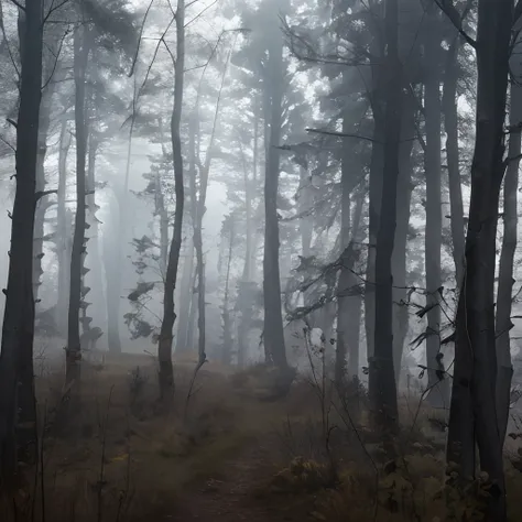 Horror, dark forest, black forest, fog, horror forest, dead trees, dying old grass, The Forgotten Trail, Crooked path in the forest, Gloomy Shadows, Light breaks through the branches of dry trees, Old spruce trees are hidden by clouds of fog, The old oak t...