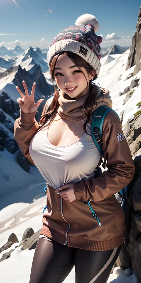 realisticlying、19 year old girl、Face to face with authentic outdoor mountaineering clothing、Wearing a knitted hat、Sexy pose with big、Face smile、Snow-capped climbing、Chest sheer、Emphasis on the contours of the chest