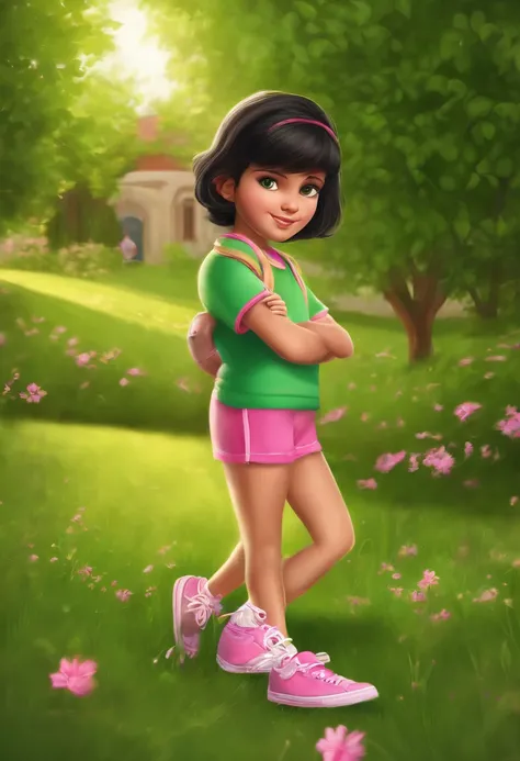 Green eyes, black hair, bob, pink T-shirt, yellow shorts, pink sneakers, standing on the grass, gold bracelet.10 years old, honey