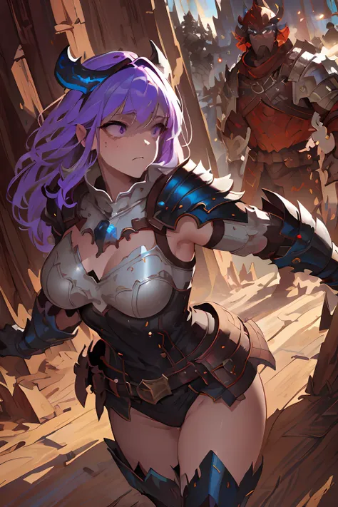 Beautiful woman, medium breasts, lavender hair, violet eyes, Dragon Armor, Dragon helmet, running from a forest fire, oil painting, detailed brush strokes, high contrast, vibrant colors, dramatic lighting, fantasy genre. (best quality, 8k, realistic:1.37),...