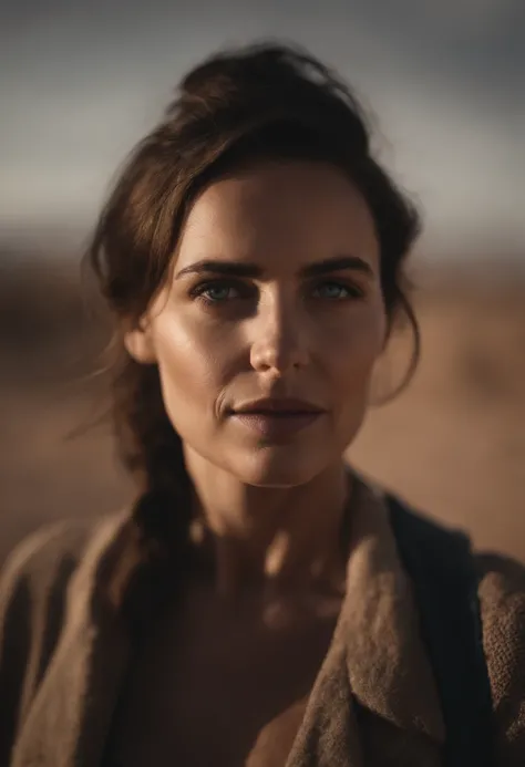 portrait femme, vue de face, belle, Talk to the camera. Desert background, visage gros plan, age 30ans, yeux bleus