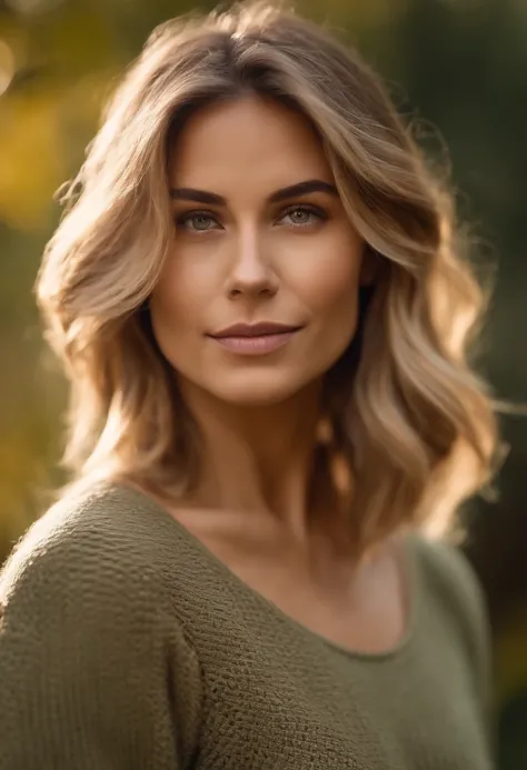 Photograph of a beautiful woman, wear an autumn sweater, cheveux brune avec balayage blond, mid-length on one side, buste lourd 36DD, Look into the camera, symmetrical hazel green eyes, symmetrical oval face, Ultra realistic photo, photographie, Path layou...