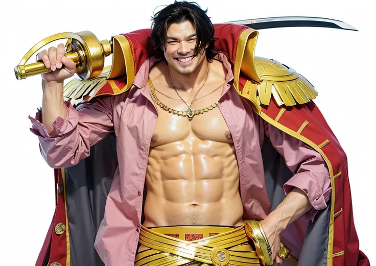 A muscular Japanese man smiling while holding a big sword on his back, ultra realistic, high quality, detailed face