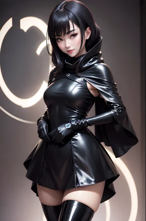 Ruthless princess, Wearing black latex gloves on both hands, Black latex, Suzukaze Hirose, Cute girl face in Japan, slender, Condescending face, Smile coldly, Tongue licking, A dark-haired, Knee High Long Boots, Wearing a black cloak