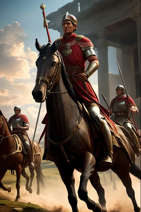 a depiction of Julius Caesar returning from battle, a cavalo, Roman armies behind him, Ultra Detalhes, qualidade realista, cena, 4k, volumetric light