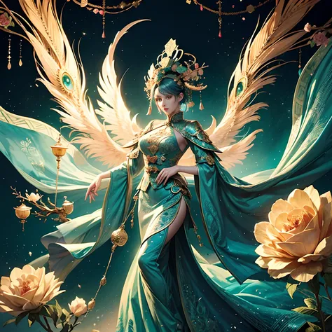 A woman in a blue and green Chinese dress， peacock crown,anatomy correct, (Exquisite helmet)，Delicate pattern，Oriental elements，Ink painting style, Clean colors,Pink rose space, Soft lighting, ( Bokeh)，Masterpiece, Super detailed, Epic composition, Highest...