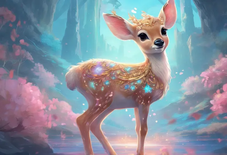 Masterpiece, best quality, 8k, high detail, hyper-detail, a cute fawn, light blue with holographic ornate designs, light pink and gold tetradic colors, approaching perfection