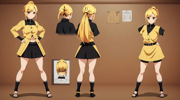 anime blonde gird with a ponytail, with eyes that despise you, with smile, character sheet, different poses, game props, full body picture