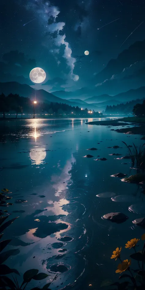 master part, gorgeous, Landscape, (((DDIM_HumaDDIMs))), Noite, flor, Jardim, Starry sky, constellations,((Full Moon)) , atordoante, vista, water, quente, aconchegante, peaceful, Meteoro, cosmico, Magic, magia, particuls, Justo, ((Pirilampos))