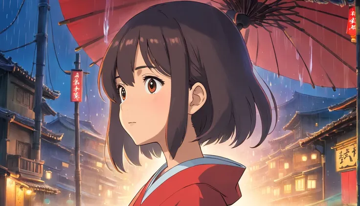 his left eye is glass. Asian girl, cabelos longos, Front view, corpo inteiro, Set against a night time backdrop of raining street, com arvores, rios, um dia de sol muito bonito. The girl will be wearing a red kimono, ela tem uma cicatriz no olho esquerdo. ...