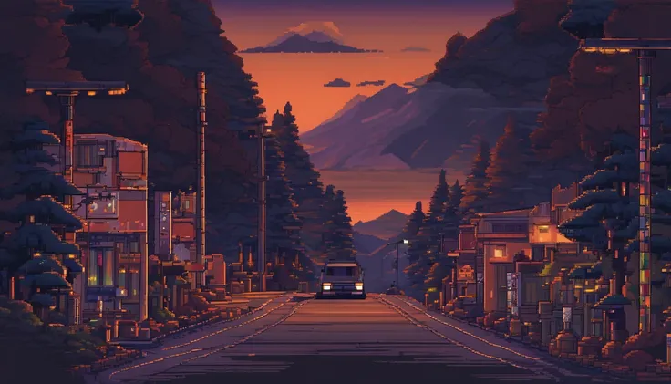 pixel art. It depicts a Japanese asphalt mountain road surrounded by bumpers on a dark night with many sharp turns, illuminated by faded old lanterns, In the background is a high mountain surrounded by dense forest and nothing else