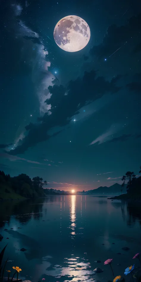 master part, gorgeous, Landscape, (((DDIM_HumaDDIMs))), Noite, flor, Jardim, Starry sky, constellations,((Full Moon)) , atordoante, vista, water, quente, aconchegante, peaceful, Meteoro, cosmico, Magic, magia, particuls, Justo, ((Pirilampos))