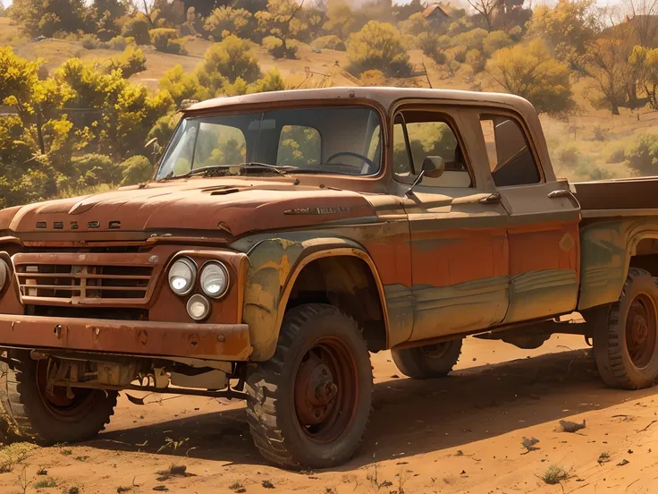 A old rusty truck in front of a farm house