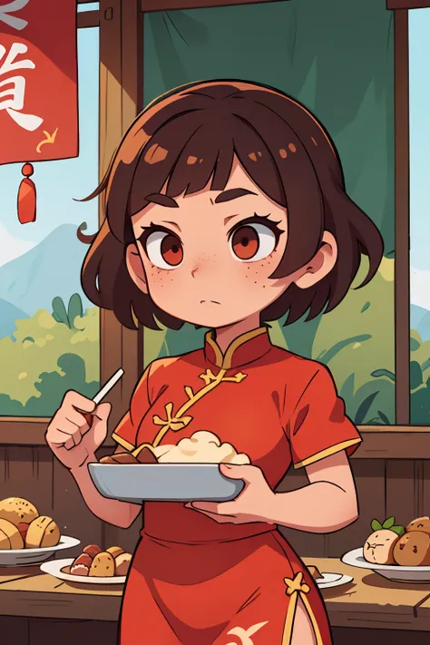 A  girl, with brown short hair, in medieval Chinese dress, The eyes are brown, freckles on her face, At the Chinese Festival, eats rolls