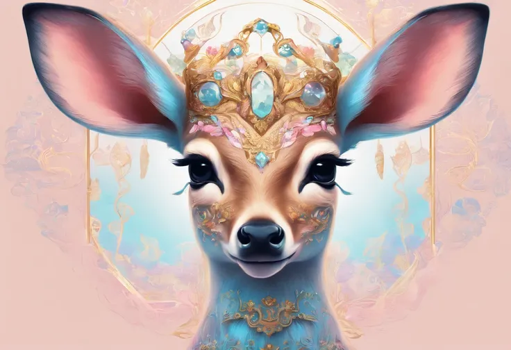 Masterpiece, best quality, 8k, high detail, hyper-detail, a cute fawn, light blue with holographic ornate designs, light pink and gold tetradic colors, approaching perfection