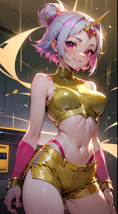 Short hairstyle with silver hair and bob, Hair tied in a bun with a hair clip, Pink eyes, Smile, Yellow tight sleeveless uniform, Tight shorts, diadems, Gold Element, she-ra, masutepiece, hiquality, 4K, hard disk, good detail