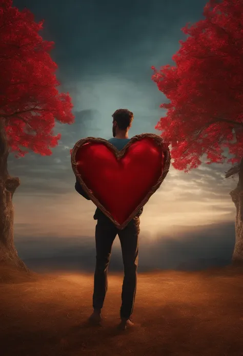 Mystical man on his back looking at a red broken heart, ao fundo e no meio de correntes douradas no fundo, 8K cinematic lighting