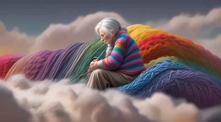 high details, best quality, 16k, [ultra detailed], masterpiece, best quality, dynamic angle, ultra wide shot, RAW, photorealistic, fantasy art, realistic art, a picture of a old woman sitting in heaven knitting the rainbow, an (old human woman: 1.2) , dyna...