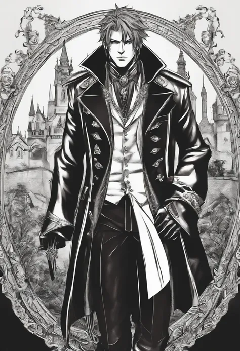 "Draw a villainous character with an overcoat similar to that of the Kingdom Hearts XIII Organization. Ele tem cabelos longos e loiros, olhos azuis e possui um ar misterioso. A arte deve ser no estilo de Tetsuya Nomura Kingdom hearts, with attention to det...