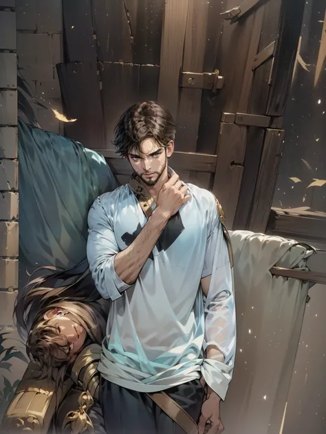 (best quality, highres, ultra-detailed), man with brown hair and a long brown beard, brown eyes, dark circles under his eyes, gold t-shirt and white cape, evil expressions, lacking lollipop, dramatic lighting