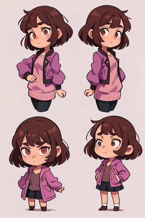 A  girl, with brown short hair, in a lilac jacket with cats, Zhdinsy black oversize,  The eyes are brown, freckles on her face, standing pose, character sheet, different angles