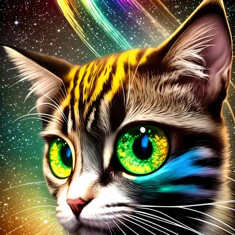 isometric gradient iridescent rainbow alien kitten, large glowing eye sockets made of sparkling rainbow stars, mark ryden art style, large luminescent glossy eyes, background, beautiful glowing nebular space scene surrealism, avant-garde, beth cavener arts...