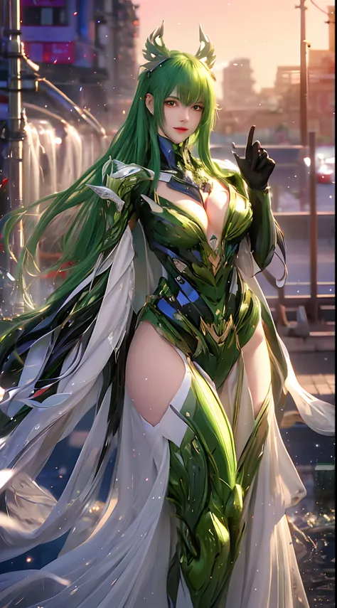 (A complex green-haired woman，Mecha joints and wing radiation, Quiet and dignified, Standing in the water), High-res, Ultra-detailed, Realistic, Vibrant colors, Bokeh, Studio lighting.