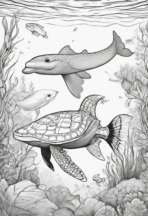 Generate black and white coloring pages of cute cartoon-style aquatic animals with low detail, no shading, no shadows, no background, and no borders.