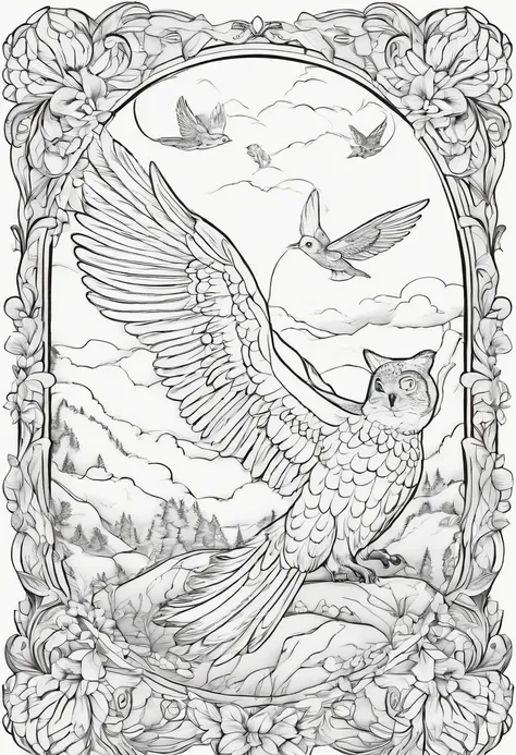 Generate black and white coloring pages of cute cartoon-style flying animals with low detail, no shading, no shadows, no background, and no borders.