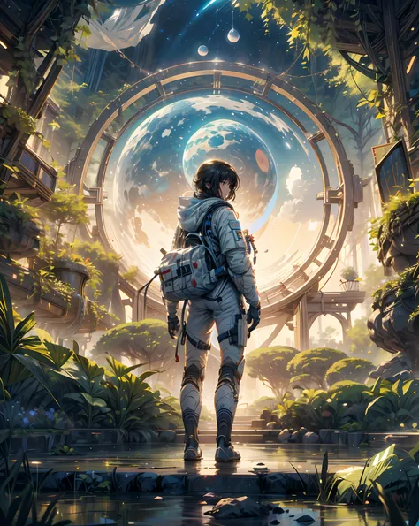 masterpiece, high quality, delicate, detailed body, detailed intricately, illustration, an astronaut wandering unknown  planet, concept art, 4k, fantasy , alien planet , overgrown world , beautiful world planet --niji 5